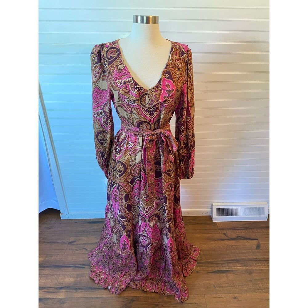 A Loves A Paisley Printed Long Sleeve V-Neck Ruffled Maxi Dress Size XSmall